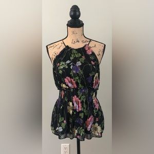 EXPRESS FLORAL PRINT RAZORBACK CROP TOP BUTTON CLOSE KEYHOLE SMOCKED WAIST SMALL